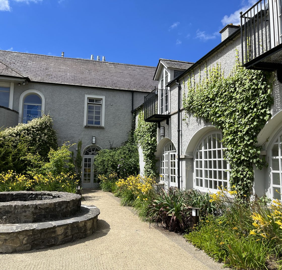 Gray stucco home with ivy-covered walls and a flowering garden path