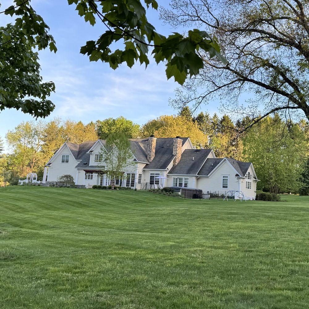 Large backyard lawn with a white house among mature trees